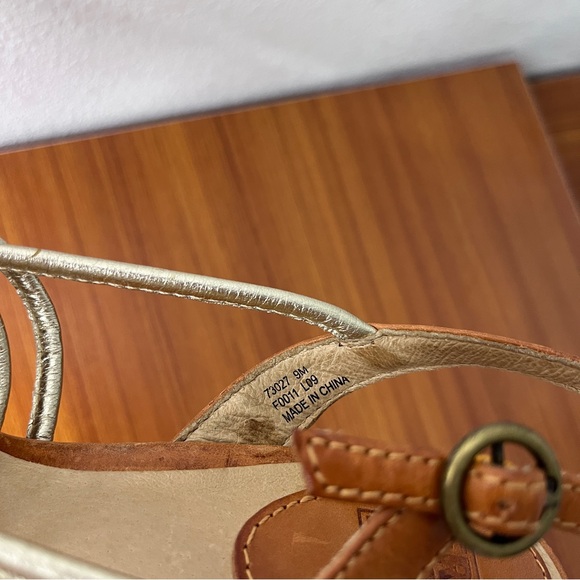 Frye Lena Strappy Cork Heeled Leather Open Toe Sandal Metallic 9 - Picture 6 of 8